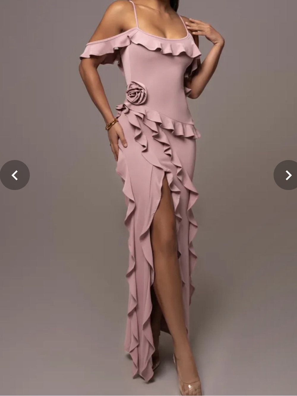 JLUXLABEL Dusty Rose Ruffle-Front Maxi Dress with Rosette Detail